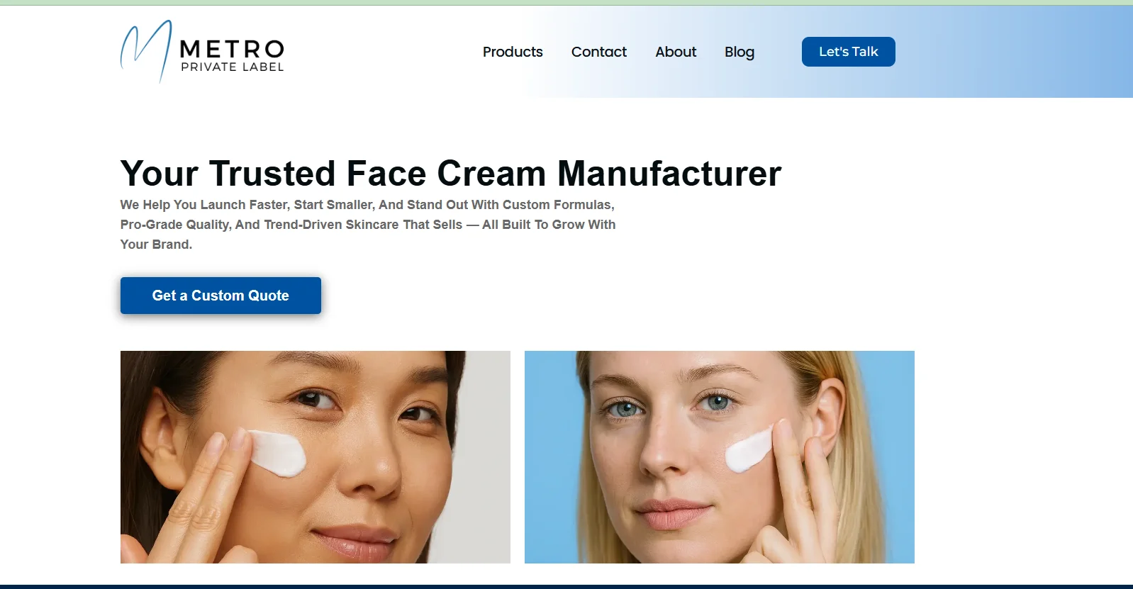 Face cream manufacturer website banner with promotional content